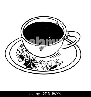 Illustration d'une tasse de café noir avec haricots, cannelle et guimauves. Illustration d'une ligne vectorielle sur fond blanc. Peut être utilisé en intérieur des Banque D'Images