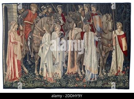 Quête pour les tapisseries du Saint Graal, Panel 2, l'armement et le départ des chevaliers, 1895-96 Concepteur: Sir Edward Burne-Jones Concepteur: William Morris, Concepteur: John Henry Dearle Fabricant: Morris & Co, le deuxième volet narratif de la série., Applied ArtsPre-Raphaelite, tapisserie, Chevalier, Légende Arthurienne, Saint Graal Banque D'Images