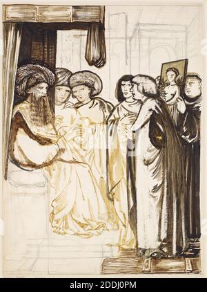 Homme de lois de Chaucer Tale, Design, 1862-1864 artiste: Edward Burne-Jones, Sultan de Syrie regardant un portrait de Constance, fille de l'empereur de Rome, mouvement d'art, pré-Raphaël, dessin, encre, Design, Illustration, dessin de lavage, oeuvres sur papier, Littérature, Geoffrey Chaucer Banque D'Images