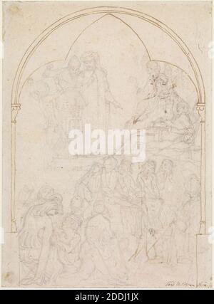 Étude de composition précoce pour la figure de Milton et deux dessins pour les pierres tombales, 1845 (Recto, Front: Chaucer à la Cour d'Edward III, étude, 1845) Ford Madox Brown, Verso : Sur la gauche se trouve une figure pleine longueur de Milton debout avec un personnel dans sa main droite et une couronne de Laurier sur sa tête. Sur la droite, deux modèles pour pierres tombales. [Recto: Geoffrey Chaucer se trouve en haut, à gauche, à la lecture d'un lutrin. À gauche, Jean de Gaunt, en armure et taquiné par un jeune garçon, se tient derrière lui. Le roi Edward III est assis à droite avec une barbe Banque D'Images