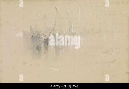 Turner's The Sun of Venice Going to Sea, Study, 1843 artiste: John Ruskin après: J M W Turner, UNE copie des bateaux et du Campanile de S. Francisco della Vigna à droite de Turner 'le Soleil de Venise allant à la mer', avec des notes de couleur., crayon, craie, Italie, esquisse, pré-Raphaël Banque D'Images