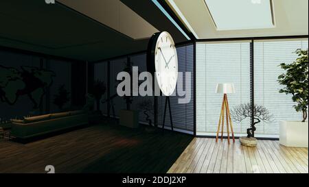 Concept de bureau moderne avec parquet en bois, usine, lampadaire et mur de reflet noir, grand design de montre idée de rendu 3D Banque D'Images