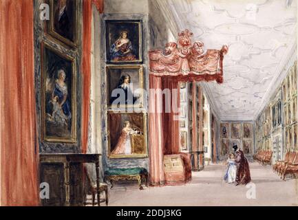 Intérieur de la long Gallery, Hardwick Hall, Derbyshire, 1838 David Cox, Aquarelle, Architecture, Design intérieur Banque D'Images