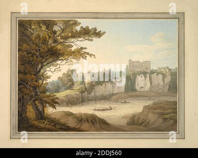 Château de Chepstow sur le Wye, Monbucshire, 1787-1807 John White Abbott, bateau, Paysage, Aquarelle, pays de Galles, Château, Rivière Banque D'Images