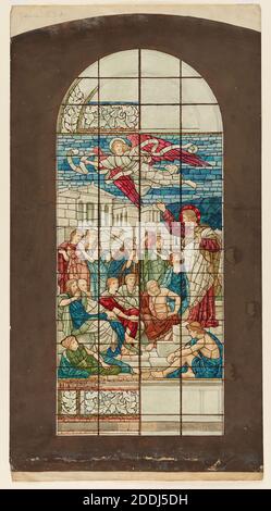 Le design de la fenêtre en vitrail, 1910 par Henry James Holiday, dépeint la prédication de St Paul. Conception de la fenêtre du Mémorial de l'échec dans la première église baptiste de Portland, Oregon, États-Unis. La fenêtre est toujours in situ., fenêtre, Arts appliqués, Aquarelle, vitraux, religion, ChristianPre-Raphaelite, Design, Eglise, religion, Saint Banque D'Images