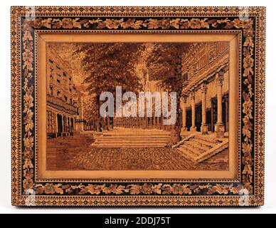 The Pantiles, 1840-60 panneaux, Tunbridgeware incrusté image et cadre. Le cadre et l'image des Pantiles, Tunbridge Wells, ont été faits en mosaïque de grain final. Il a été fabriqué par James Brown alors qu'il était apprenti à l'atelier Holamby vers 1850. Histoire sociale, Wood, Angleterre, Kent Banque D'Images