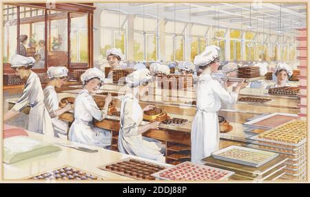 A Bournville Workroom (département de décoration), 1910 attribué à : H N Bradbear, Bournville, Birmingham, l'usine de chocolat Cadbury, Aquarelle, Manufacturers, Factory, Illustration, Femme, Chocolate, Birmingham histoire, travail Banque D'Images