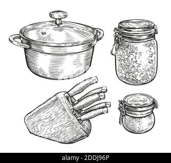 Croquis de vaisselle. Cuisine, concept alimentaire illustration vectorielle vintage Illustration de Vecteur