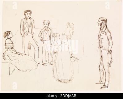 Croquis d'une soirée, 1850-51 John Everett Millais, jeune fille chantant au piano, deux hommes et un garçon debout, une dame assise. De l'autre côté, une caricature d'une scène de l'histoire écossaise avec un homme poussé vers le bas d'un trou, mouvement d'art, pré-Raphaelite, dessin, encre, caricature, stylo, exposition, habillé aux Nines Banque D'Images