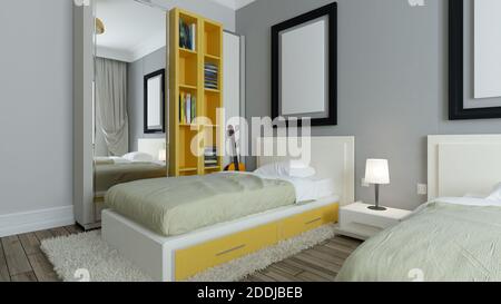 Dortoirs modernes, murs gris, bibliothèque jaune, lit jumeau avec cadre photo design intérieur concept rendu 3D Banque D'Images