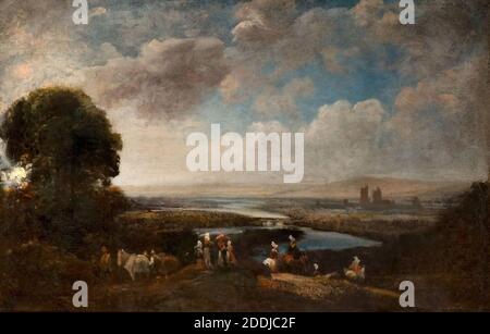 Paysage étendu, 1800-50 par Peter de Wint, arbre, Paysage, peinture à l'huile, nuage, Rivière, campagne Banque D'Images