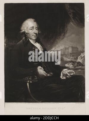 Portrait de Matthew Boulton gravé par Samuel William Reynolds, après un portrait de Charles Frederick von Breda., Matthew Boulton était l'un des principaux entrepreneurs et visionnaires du XVIIIe siècle. En partenariat avec James Watt, en 1775, il lance le développement et l'application industrielle de la machine à vapeur. En 1761, il a commencé à construire sa Manufactory Soho, où il a été le pionnier des techniques révolutionnaires de production. Il a également établi la première monnaie à la vapeur au monde., Science et Industrie, révolution industrielle, Portrait, Design industriel, Homme, Birmingham Banque D'Images