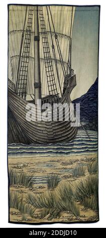 Quête pour les tapisseries du Saint Graal, Panel 5, The Ship, 1900 Designer: Edward Burne-Jones Designer: William Morris, Designer: John Henry Dearle, Fabricant: Morris & Co, le cinquième volet narratif de la série., Arts appliqués, bateau, Arts et métiers, TextilesPre-Raphaelite, tapisserie, Légende Arthurienne, Saint Graal, navire Banque D'Images