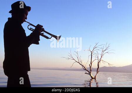 Tom (Val Kilmer) avec sa corne en silhouette à la mer de Salton. 'La mer de Salton' (2002) photo Credit: Castle Rock Entertainment / The Hollywood Archive / référence de fichier # 34078-0186FSTHA Banque D'Images