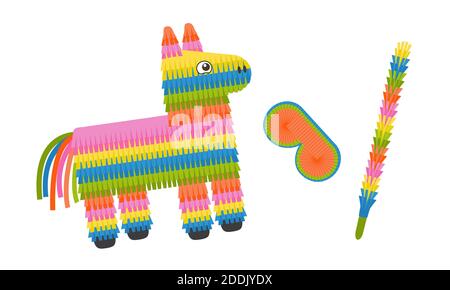 Pinata âne avec masque oculaire et bâton isolé sur fond blanc. Jouet de pinata coloré avec bonbons et bonbons pour la fête d'anniversaire. Illustration vectorielle de style plat. Illustration de Vecteur