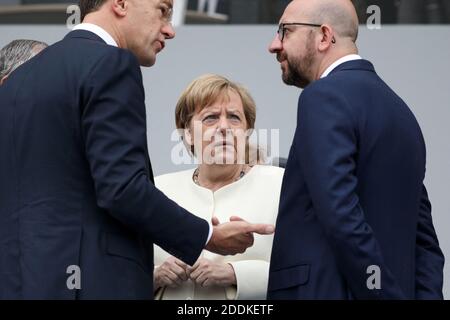 Angela Merkel (chanceuse d'Allemagne), Charles Michel, Premier ministre de la Belgique, lors du 139e départ militaire du 14 juillet sur les champs-Elysées, jour de la Fête nationale. Paris, le 14 juillet 2019. Photo Stephane Lemouton/Pool/ABACAPRESS.COM Banque D'Images