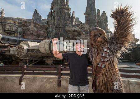 DOCUMENT - Matt Damon rencontre Chewbacca au nouveau Star Wars: Galaxy’s Edge à Disneyland Park à Anaheim, Los Angeles, CA, Etats-Unis, le 5 août 2019. Damon, qui était en vacances avec la famille, a rencontré Chewbacca devant le Millennium Falcon: Smugglers Run avant de prendre les commandes du navire le plus rapide dans la galaxie. Photo par Joshua Sudock/Disneyland Resort/ABACAPRESS.COM Banque D'Images