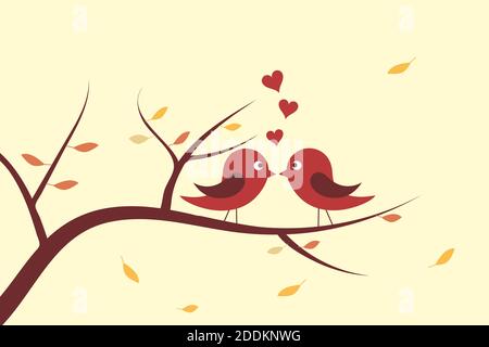 Deux oiseaux mignons amoureux et embrassant sur des branches avec des feuilles d'automne sèches. L'amour et le temps d'automne concept. Illustration vectorielle de style rétro plate Illustration de Vecteur