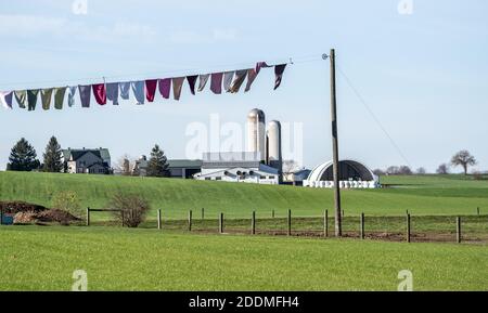 Ferme Amish avec buanderie sur la ligne de vêtements, Lancaster, Pennsylvanie Banque D'Images