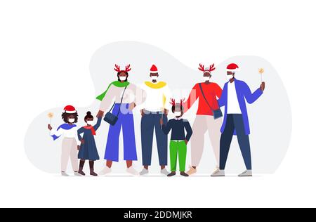 famille afro-américaine de plusieurs générations de chapeaux de père noël portant des masques pour prévenir la pandémie de coronavirus nouvelle année noël célébration concept illustration vectorielle horizontale pleine longueur Illustration de Vecteur