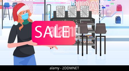 femme vendeur dans masque tenant vente bannière nouvel an joyeux noël vacances discount concept magasin de beauté intérieur horizontal portrait vector illustration Illustration de Vecteur