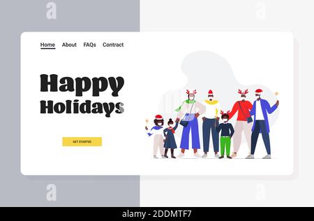 famille afro-américaine de plusieurs générations de chapeaux de père noël portant des masques pour prévenir la pandémie de coronavirus nouvelle année noël célébration concept illustration vectorielle horizontale pleine longueur Illustration de Vecteur