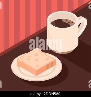 tasse à café et pain dans une assiette à motif isométrique illustration vectorielle Illustration de Vecteur