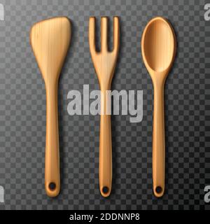 3d réaliste vecteur rustique ustensiles de cuisine en bois ensemble de fourchette, cuillère et spatule éléments de conception numérique pour votre logo, publicité, menu, café, bannière Illustration de Vecteur