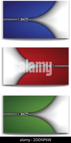 Vector 3d Realistic Silver zip avec arrière-plan rouge, bleu et vert. Illustration de Vecteur