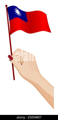 La main femelle tient doucement le petit drapeau de la République de Taïwan. Élément de design des fêtes. Vecteur de dessin animé sur fond blanc Illustration de Vecteur