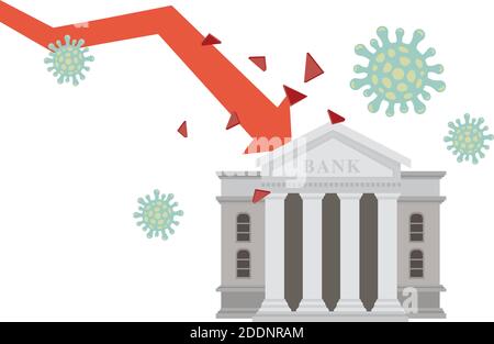 La flèche rouge descendant entoure le virus dans la banque. Concept de l'impact du virus Corona sur l'économie. Illustration vectorielle plate. Illustration de Vecteur