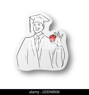 ligne noire tirée à la main d'un étudiant diplômé portant une robe universitaire robe ou robe et capuchon de graduation et pomme de maintien couper le papier avec l'ombre isolée Illustration de Vecteur