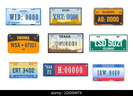 Plaques d'immatriculation voiture permis États américains icônes isolées Illustration de Vecteur