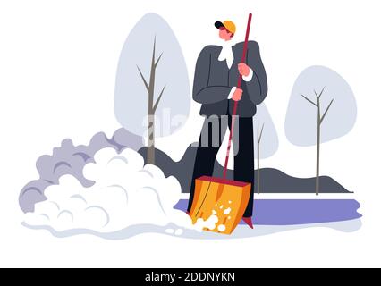 Homme nettoyant l'arrière-cour de la neige avec une pelle en bois Illustration de Vecteur