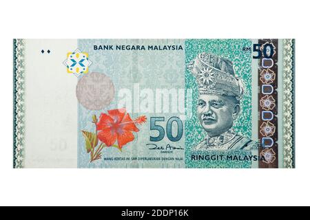 Vue inverse du billet de banque ringgit malaisien 50 isolé sur un arrière-plan blanc Banque D'Images