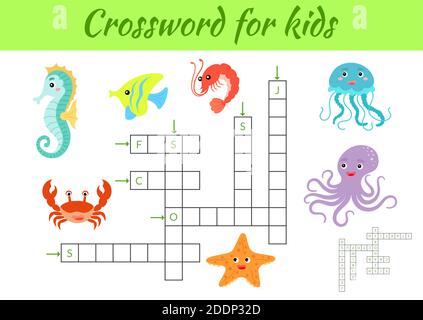 Jeu Crosswords d'animaux pour enfants avec des images. Feuille d'activités pour enfants version imprimable colorée. Jeu éducatif pour étudier les mots anglais. JE Illustration de Vecteur