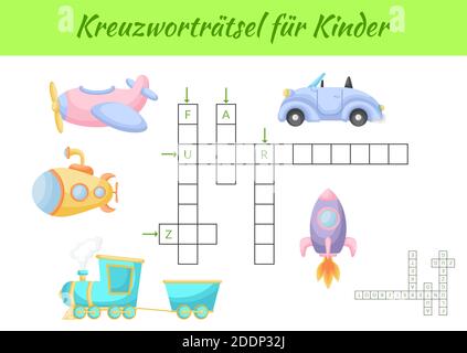 Kreuzworträtsel für Kinder - Crossword pour les enfants. Jeu de mots croisés avec des images. Version imprimable du jeu et de la feuille d'activité pour enfants. Illustration de Vecteur