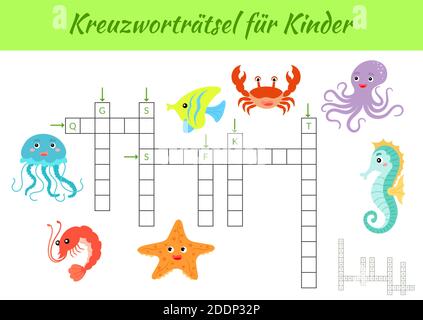 Kreuzworträtsel für Kinder - Crossword pour les enfants. Jeu de mots croisés avec des images. Version imprimable du jeu et de la feuille d'activité pour enfants. Illustration de Vecteur