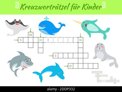 Kreuzworträtsel für Kinder - Crossword pour les enfants. Jeu de mots croisés avec des images. Version imprimable du jeu et de la feuille d'activité pour enfants. Illustration de Vecteur