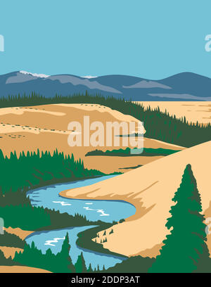 L'art de l'affiche WPA du parc national de la vallée de Kobuk, un parc national américain dans la région arctique du nord-ouest de l'Alaska, États-Unis fait en travaux p Illustration de Vecteur