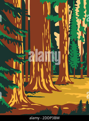 Affiche WPA du parc national Sequoia, un parc national américain dans le sud de la Sierra Nevada à l'est de Visalia, Californie, États-Unis en travaux p Illustration de Vecteur