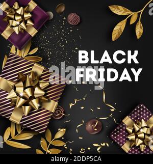 Bannière du vendredi noir avec cadeaux et feuilles d'or Illustration de Vecteur