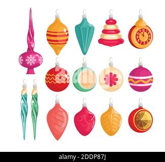 Collection de belles décorations de Noël arbre isolé sur fond blanc vecteur illustration ensemble. Balles, étoiles, décor avec glaces. Vect coloré Illustration de Vecteur
