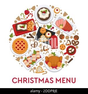 Menu de Noël pour table de fête, plats alimentaires Illustration de Vecteur