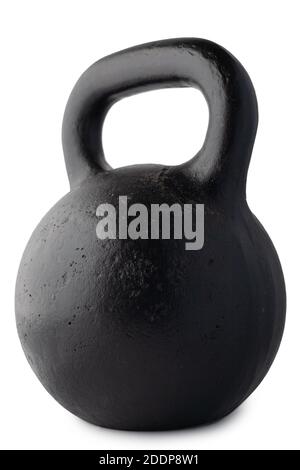 Kettlebell noir en fonte d'URSS isolé sur fond blanc. Poids 2 pood, 72 livres, 32 kilogramme. Banque D'Images