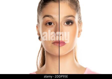 Portrait de comparaison de la même femme avant et après la transformation arrière-plan blanc Banque D'Images