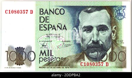 Banque d'Espagne 1979, 1000 pesetas banknote Benito Perez Galdos, collection vintage Banque D'Images