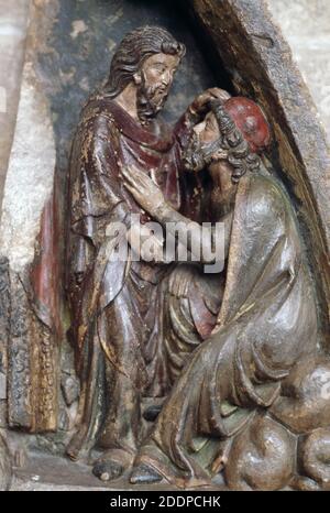 JESUCRISTO. EL MESIAS PARA LOS CRISTIANOS. 'CURACION DE UN CIEGO DE NACIMIENTO'. ANONIMO. PIEDRA POLICRAMADA. CLAUSTRO BAJO DE LA CATEDRAL DE BURGOS. Banque D'Images