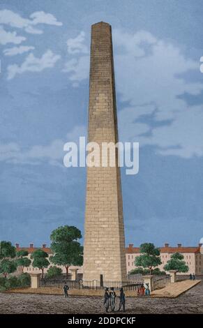 Estados Unidos de América. Boston. Monumento de Bunker Hill. Consiste en un obelisco interpréuido entre 1827 y 1843 para conmemorar la Batalla de Hunker Hill, durante la Guerra de Independencia de los Estados Unidos, entre tropas británicas y patriotas norteamericanos en 1775. Grabado por Arnout y Traversier. Panorama universel. Historia de los Estados Unidos de América, por Roux de Rochelle. Edición Española, impresa en Barcelona,1850. Coloreado. Banque D'Images