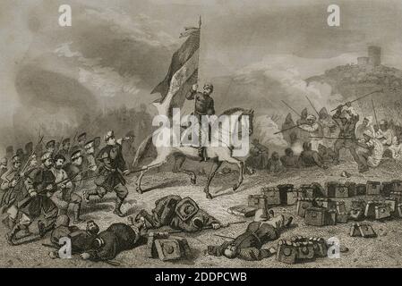 Guerra de Afrique. Enfrentó a España con Marruecos durante el reinado de Isabel II y gobierno de Leopoldo O'Donnell. Batalla de los Castillejos (1 de enero de 1860). Primera victoria española en suelo marroquí en campo abierto en la primera guerra de Africa (1859-1860), abriendo el camino hacia la conquista de Tetuán. El General Prim en Castillejos. Ilustración por Urrabieta. Grabado por A. Fatjó. Historia de Cataluña y de la Corona de Aragón, por Victor Balaguer. Barcelone,1863. Banque D'Images